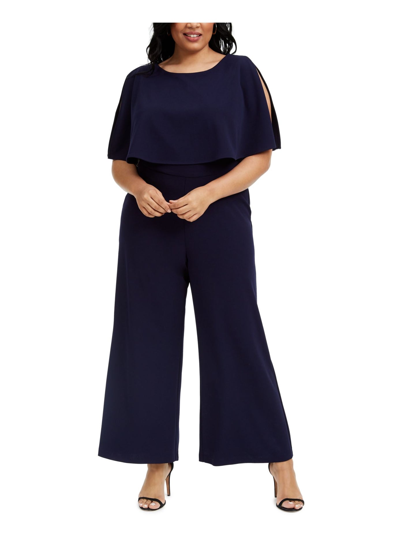 CONNECTED APPAREL Womens Navy Zippered Popover Split Sleeve Round Neck Wide Leg Jumpsuit Plus 18W