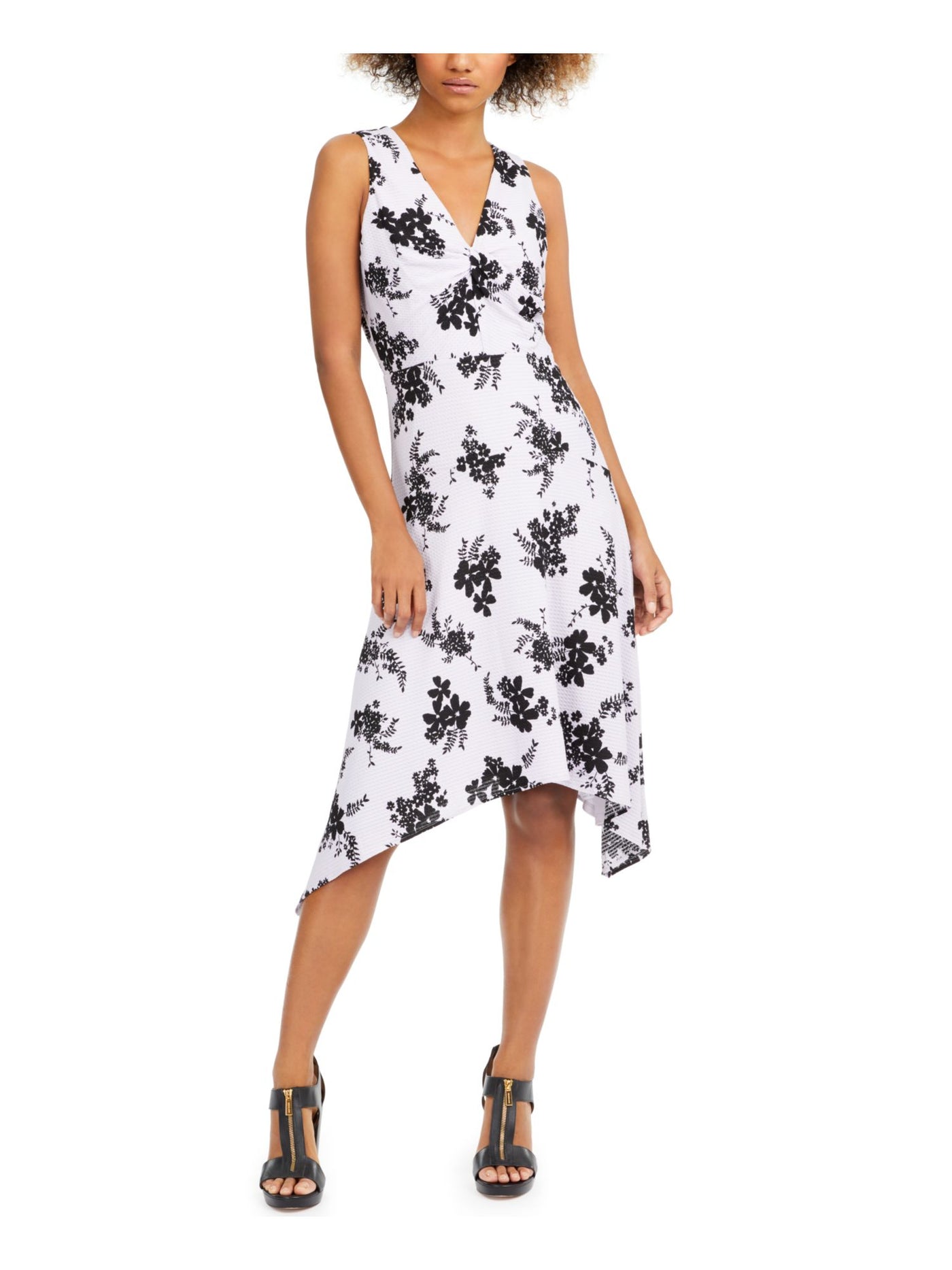 MICHAEL KORS Womens Textured Sleeveless V Neck Below The Knee Hi-Lo Dress