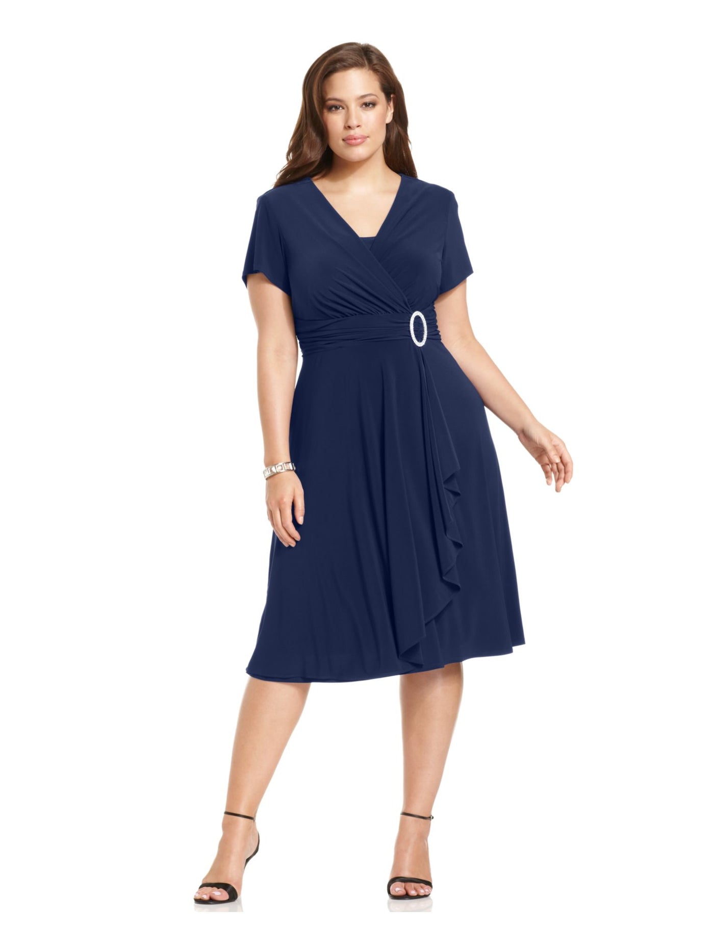 R&M RICHARDS Womens Navy Embellished Pleated Cascade Padded Lined Short Sleeve V Neck Below The Knee Wear To Work Fit + Flare Dress Plus 16W