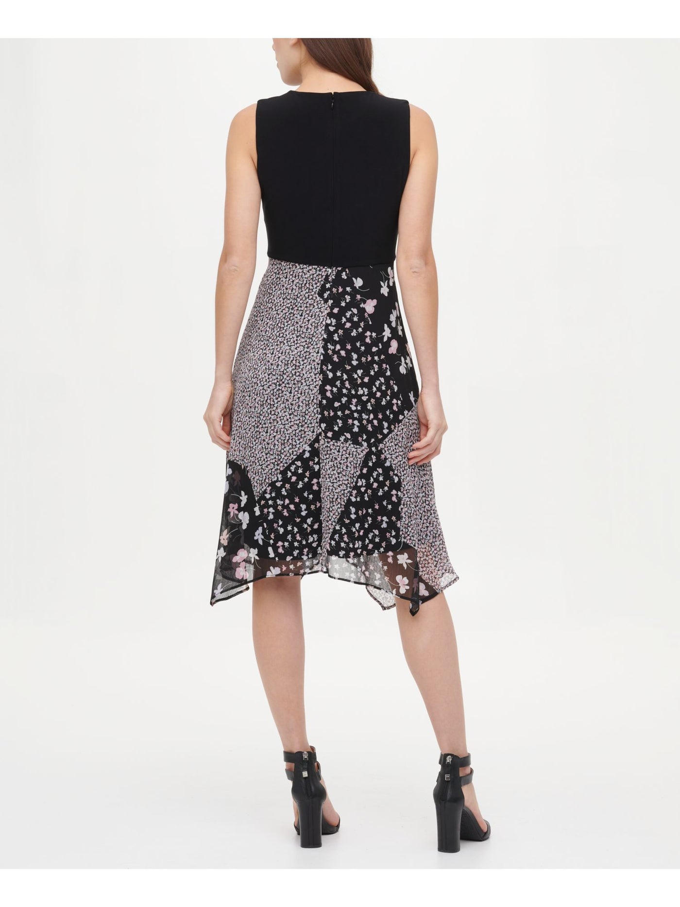DKNY Womens Sheer Sleeveless Jewel Neck Below The Knee Evening Fit + Flare Dress