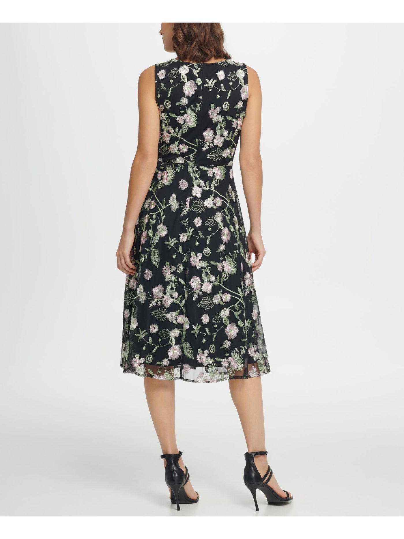 DKNY Womens Black Floral Sleeveless Jewel Neck Below The Knee Evening Fit + Flare Dress 10