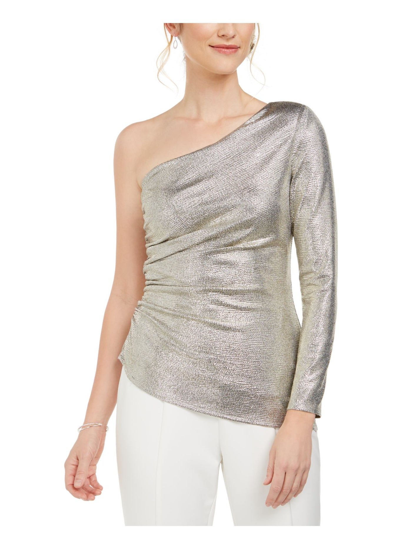 ADRIANNA PAPELL Womens Textured Glitter Ruched Asymmetrical Hem Long Sleeve Asymmetrical Neckline Party Blouse