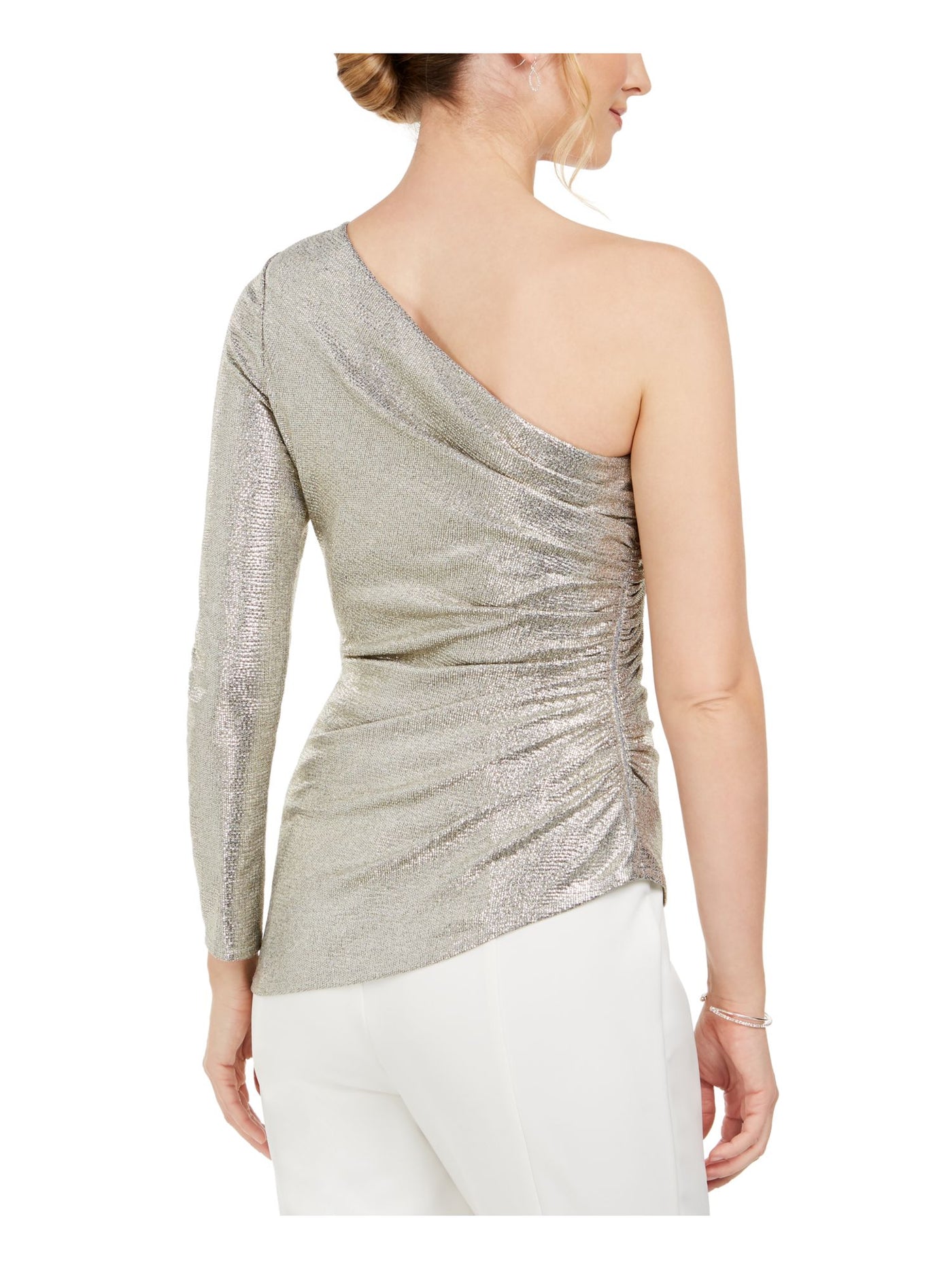 ADRIANNA PAPELL Womens Textured Glitter Ruched Asymmetrical Hem Long Sleeve Asymmetrical Neckline Party Blouse