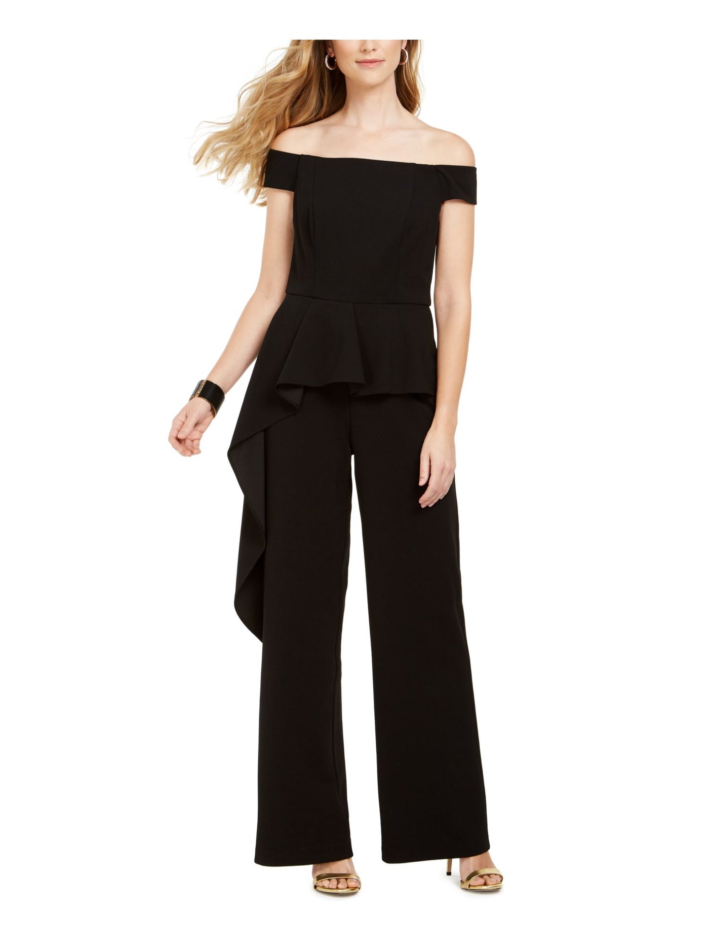 ADRIANNA PAPELL Womens Black Short Sleeve Off Shoulder Evening Straight leg Jumpsuit 4