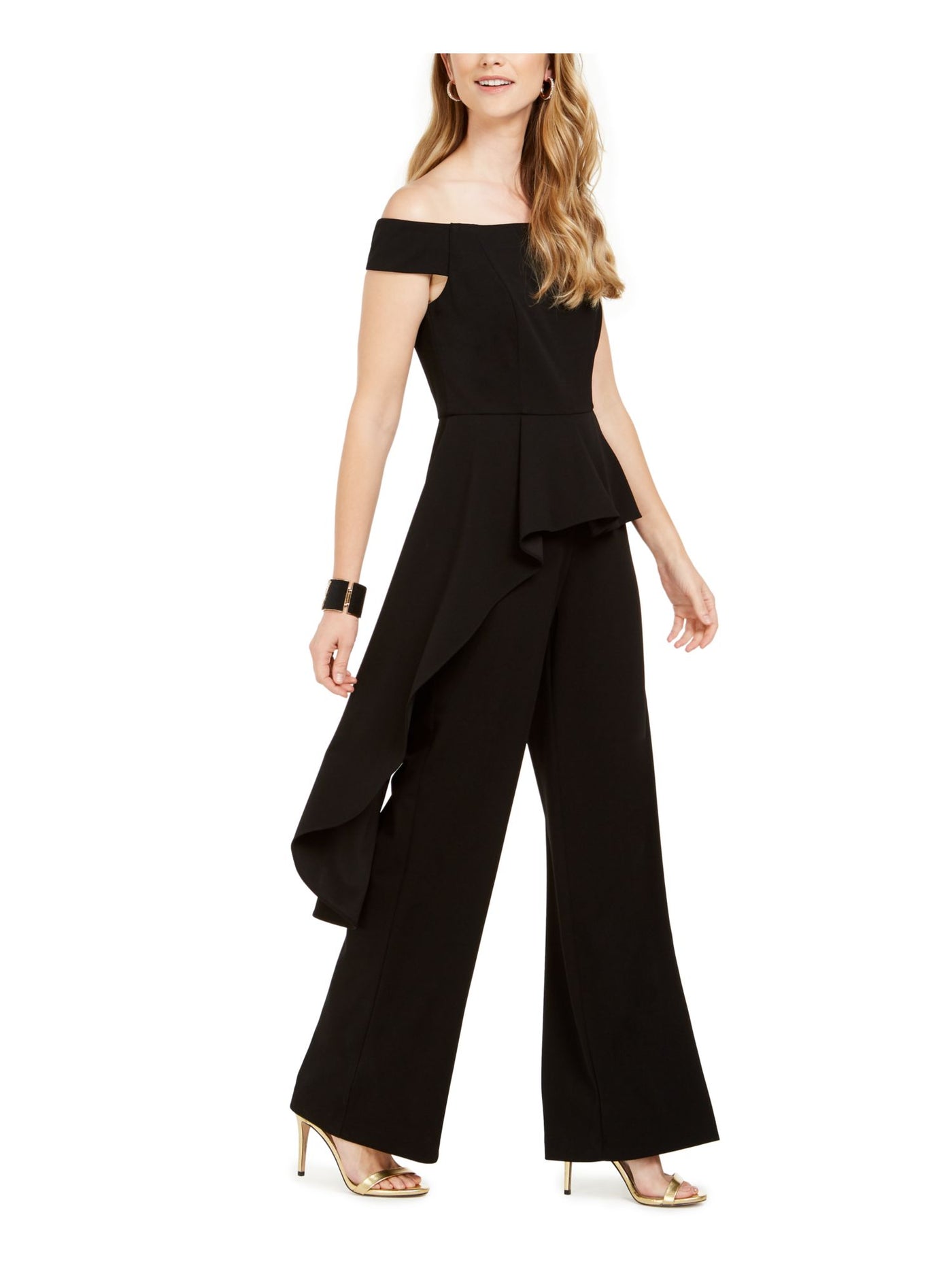 ADRIANNA PAPELL Womens Black Short Sleeve Off Shoulder Evening Straight leg Jumpsuit 2