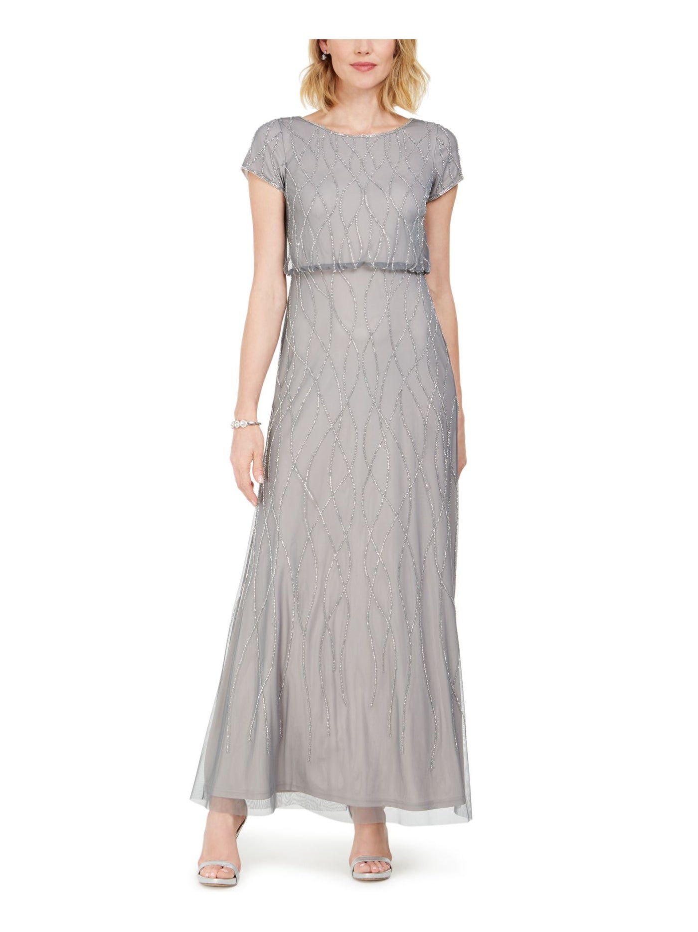 ADRIANNA PAPELL Womens Gray Beaded Sequined Short Sleeve Jewel Neck Full-Length Evening Blouson Dress 4