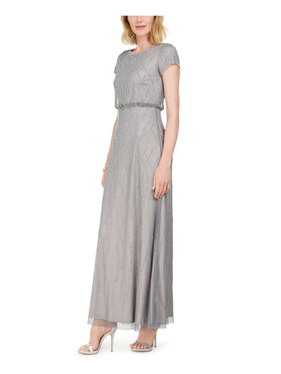 ADRIANNA PAPELL Womens Gray Beaded Sequined Short Sleeve Jewel Neck Full-Length Evening Blouson Dress 4