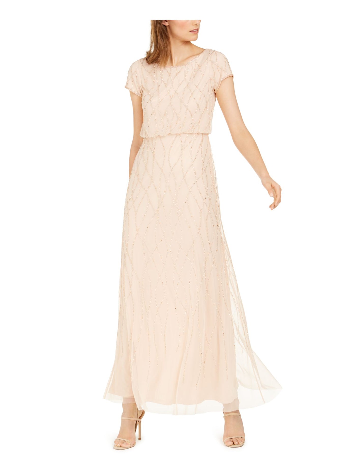 ADRIANNA PAPELL Womens Beige Beaded Mesh Overlay Gown Short Sleeve Scoop Neck Full-Length Formal Blouson Dress 8