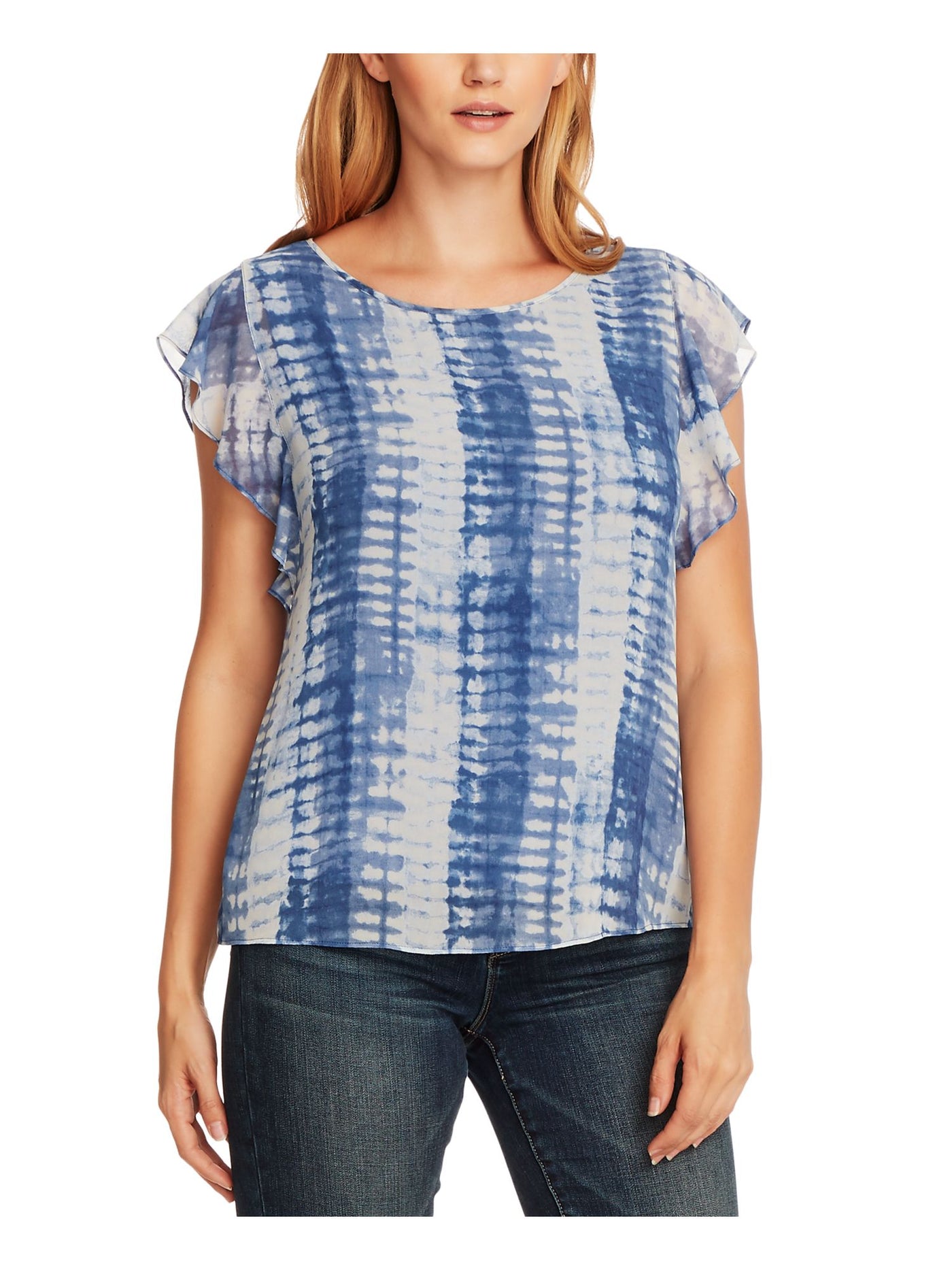 VINCE CAMUTO Womens Blue Ruffled Printed Short Sleeve Scoop Neck Top Size: XXS