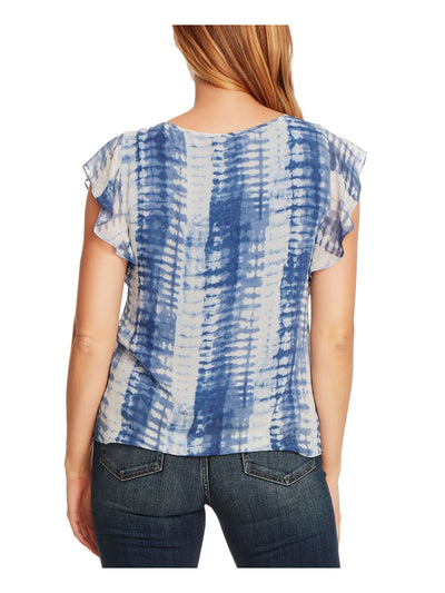 VINCE CAMUTO Womens Blue Ruffled Printed Short Sleeve Scoop Neck Top Size: XXS