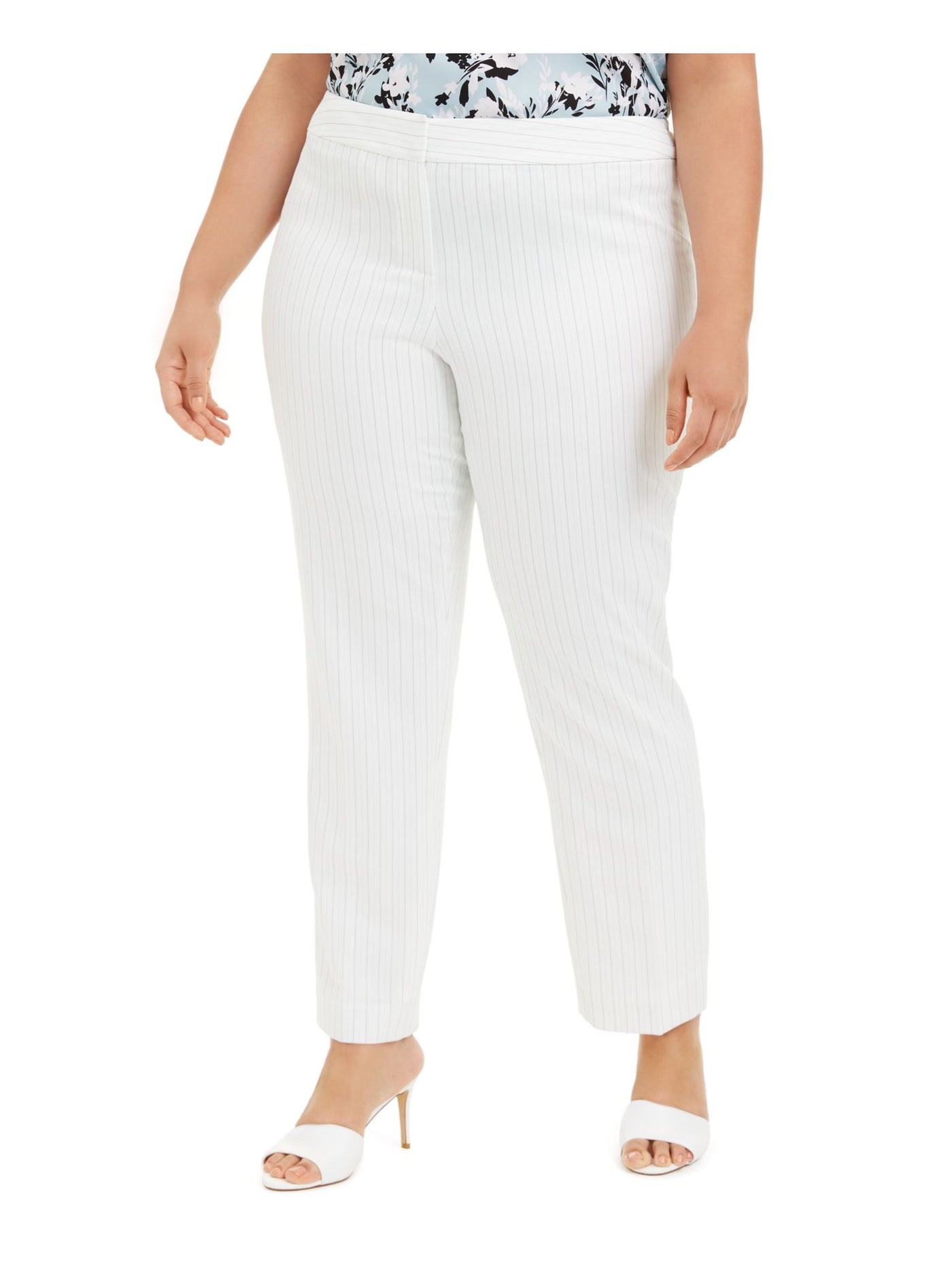 NINE WEST Womens White Pocketed Zippered Stretch Pinstripe Wear To Work Skinny Pants 18W