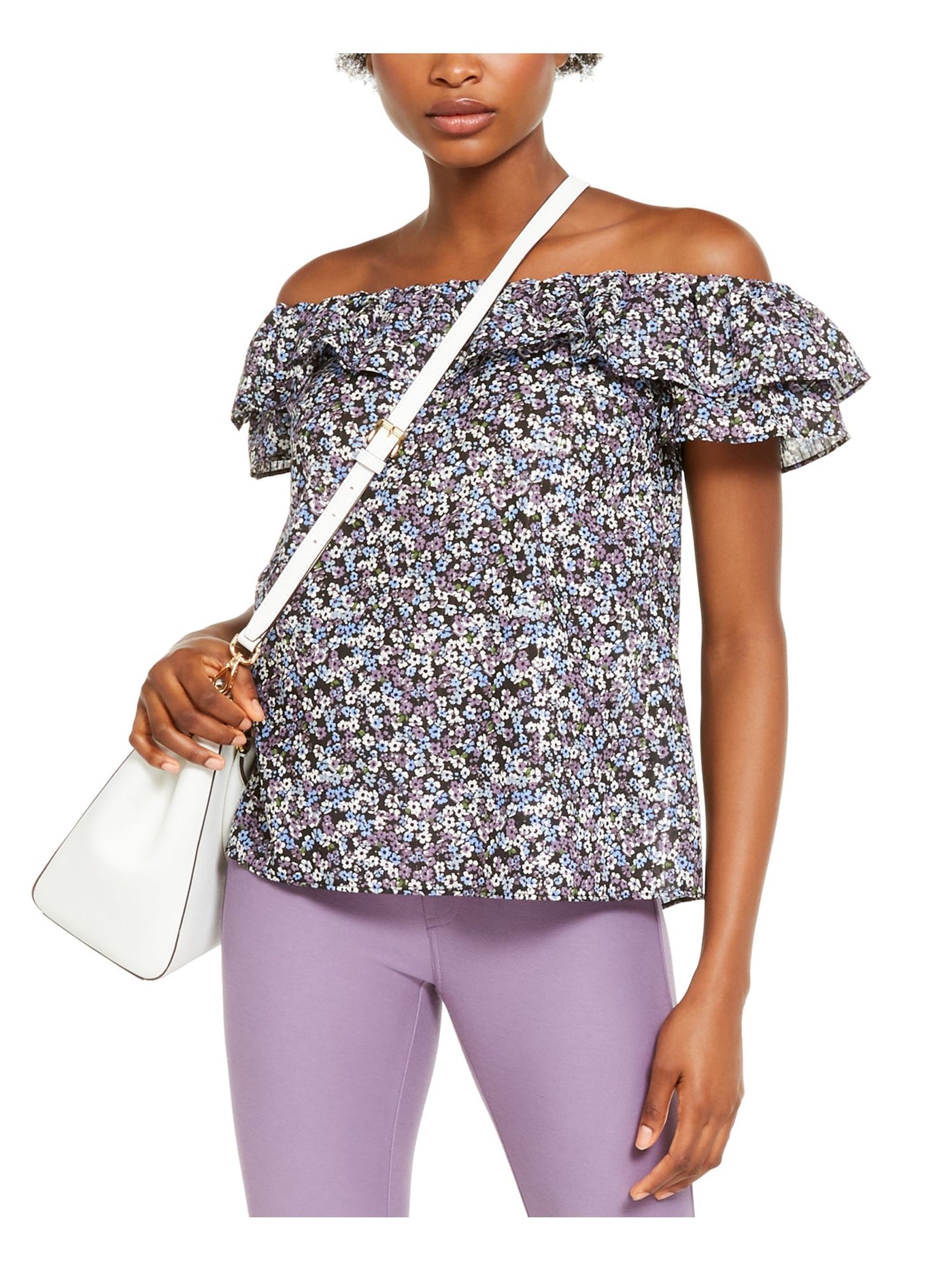 MICHAEL MICHAEL KORS Womens Purple Floral Off Shoulder Top XS