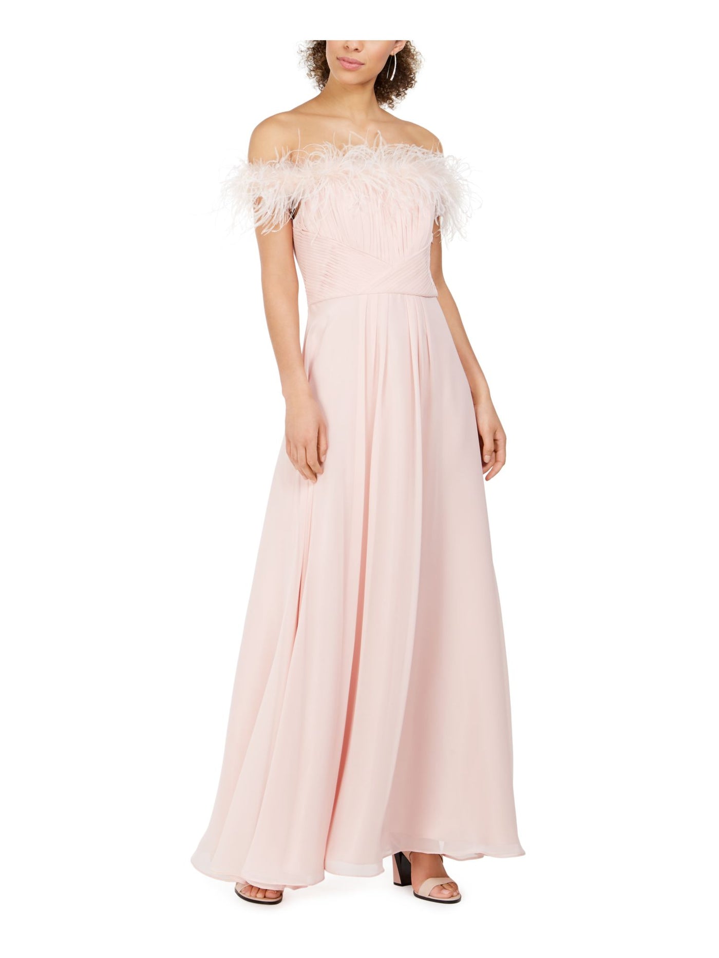 ELIZA J Womens Pleated Zippered Faux-feathered Gown Off Shoulder Full-Length Formal Dress