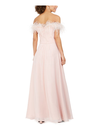 ELIZA J Womens Pink Pleated Zippered Faux-feathered Gown Off Shoulder Full-Length Formal Dress Juniors 12