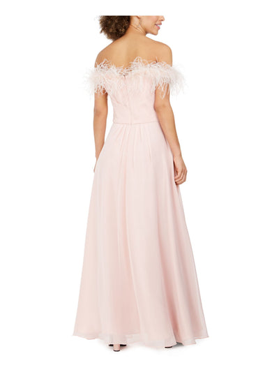 ELIZA J Womens Pink Pleated Zippered Faux-feathered Gown Off Shoulder Full-Length Formal Dress 12