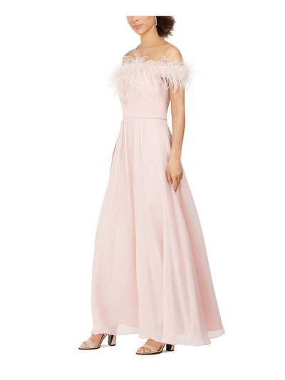 ELIZA J Womens Pink Pleated Zippered Faux-feathered Gown Off Shoulder Full-Length Formal Dress Juniors 4