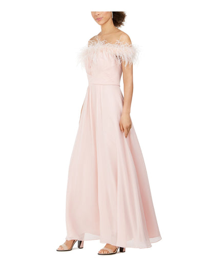 ELIZA J Womens Pink Pleated Zippered Faux-feathered Gown Off Shoulder Full-Length Formal Dress 4