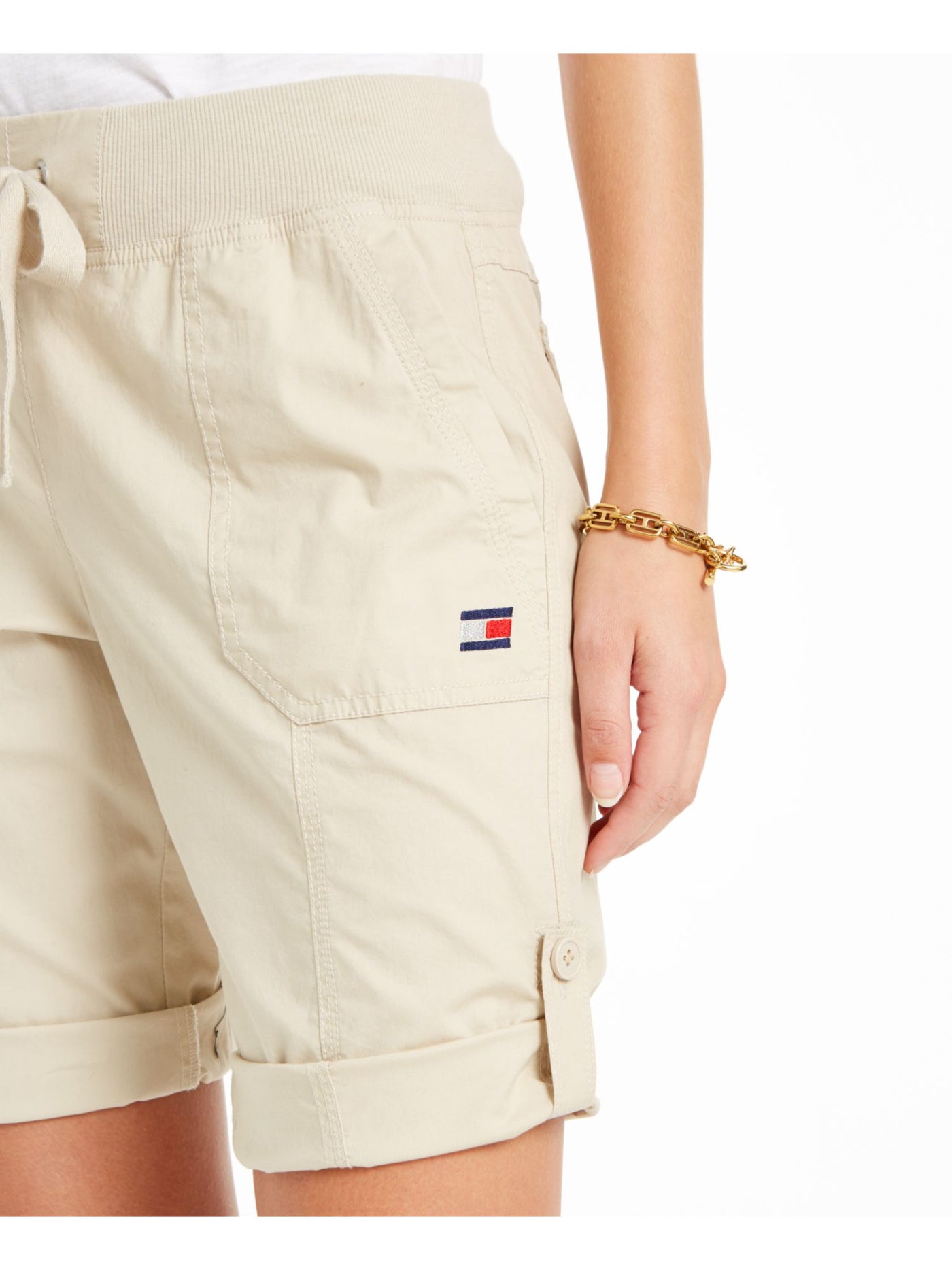 TOMMY HILFIGER Womens Beige Pocketed Zippered Roll-tab Drawstring Shorts XS