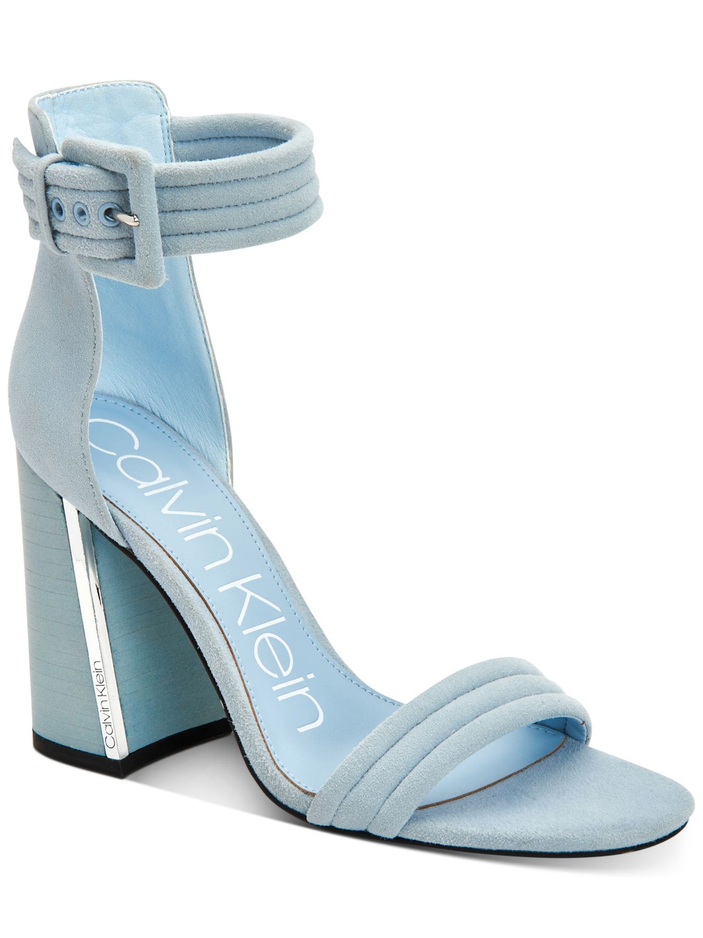 CALVIN KLEIN Womens Light Blue Padded Ankle Strap Rochanda Square Toe Block Heel Buckle Leather Sandals Shoes 11 M