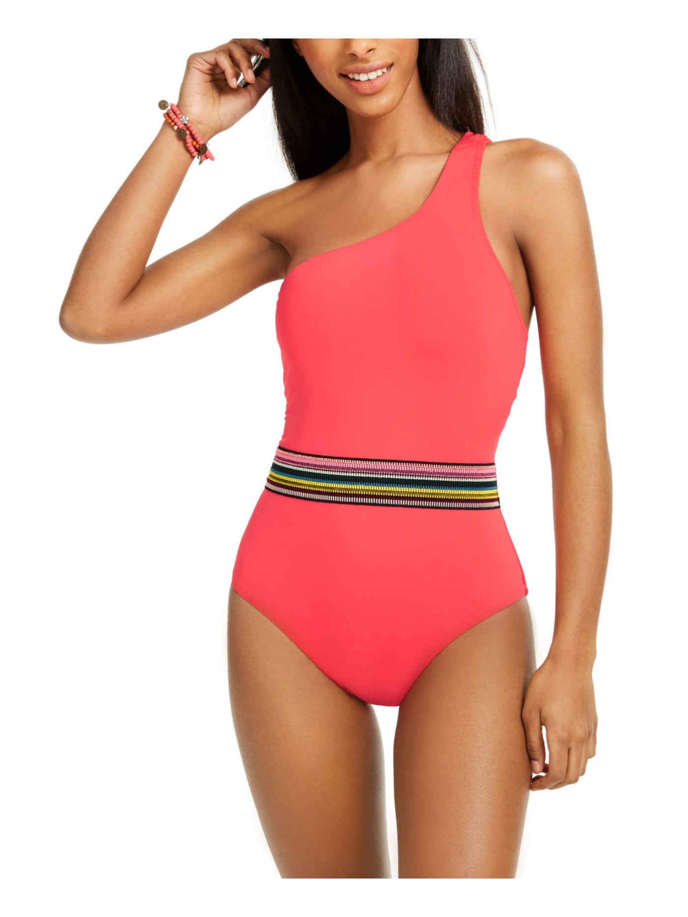 BAR III Women's Coral Stretch Asymmetrical Elastic Trim Waist Moderate Coverage Tie Cabo Wabo One Piece Swimsuit XS