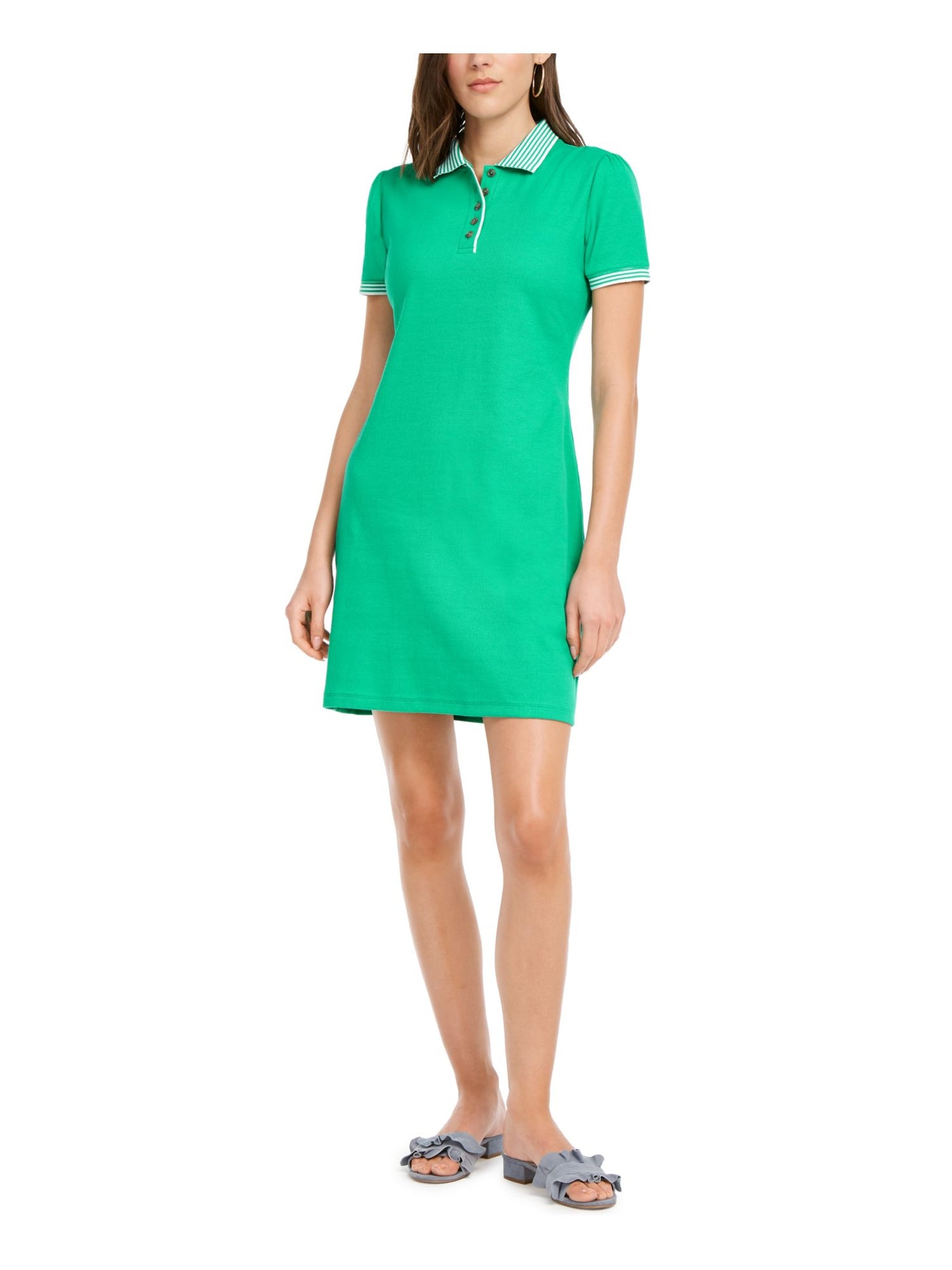 MAISON JULES Womens Green Printed Long Sleeve V Neck Short Sheath Dress Juniors L