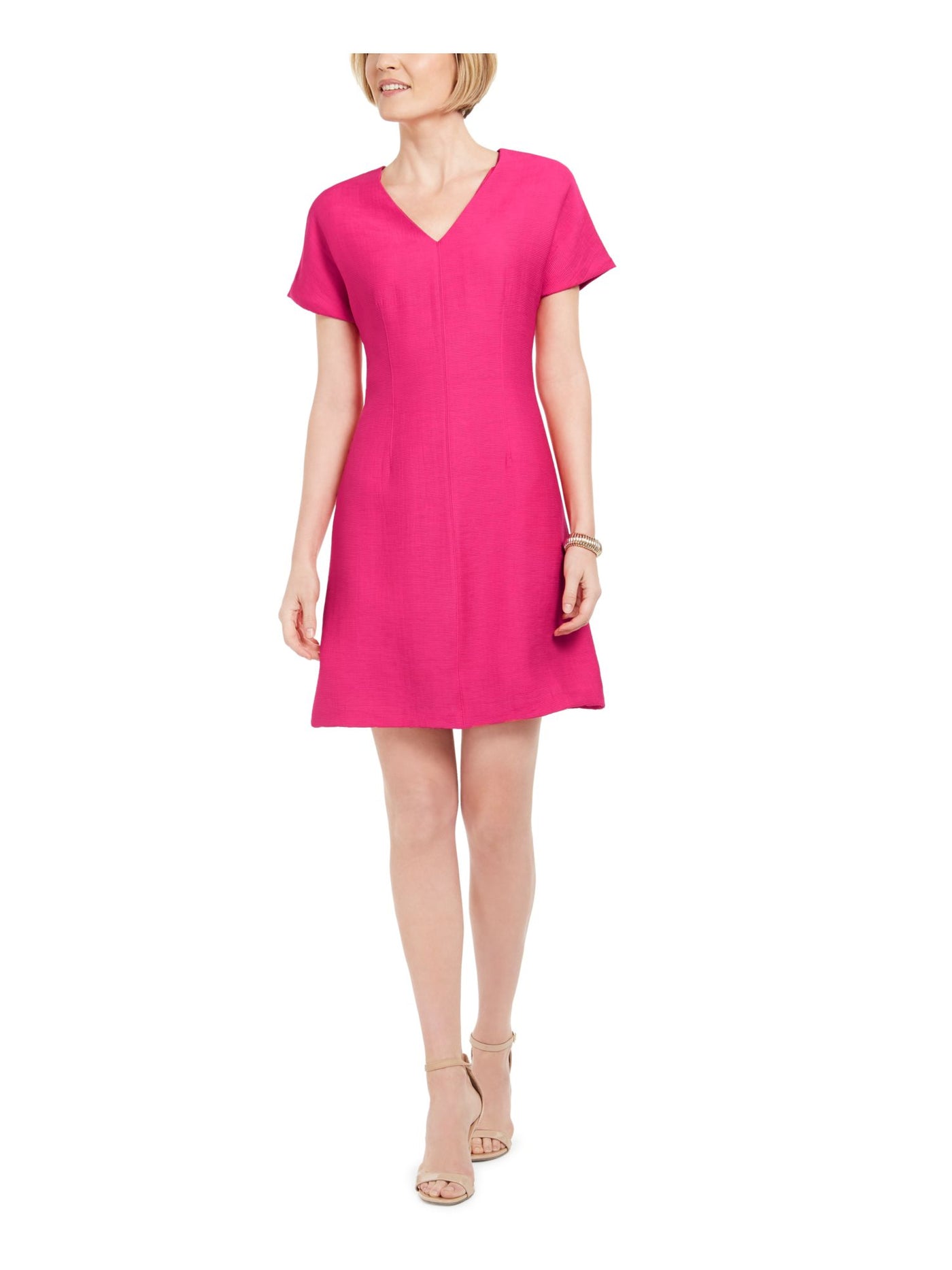 NATORI Womens Pink Ribbed Short Sleeve V Neck Short Evening Fit + Flare Dress 4