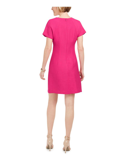 NATORI Womens Pink Ribbed Short Sleeve V Neck Short Evening Fit + Flare Dress 4