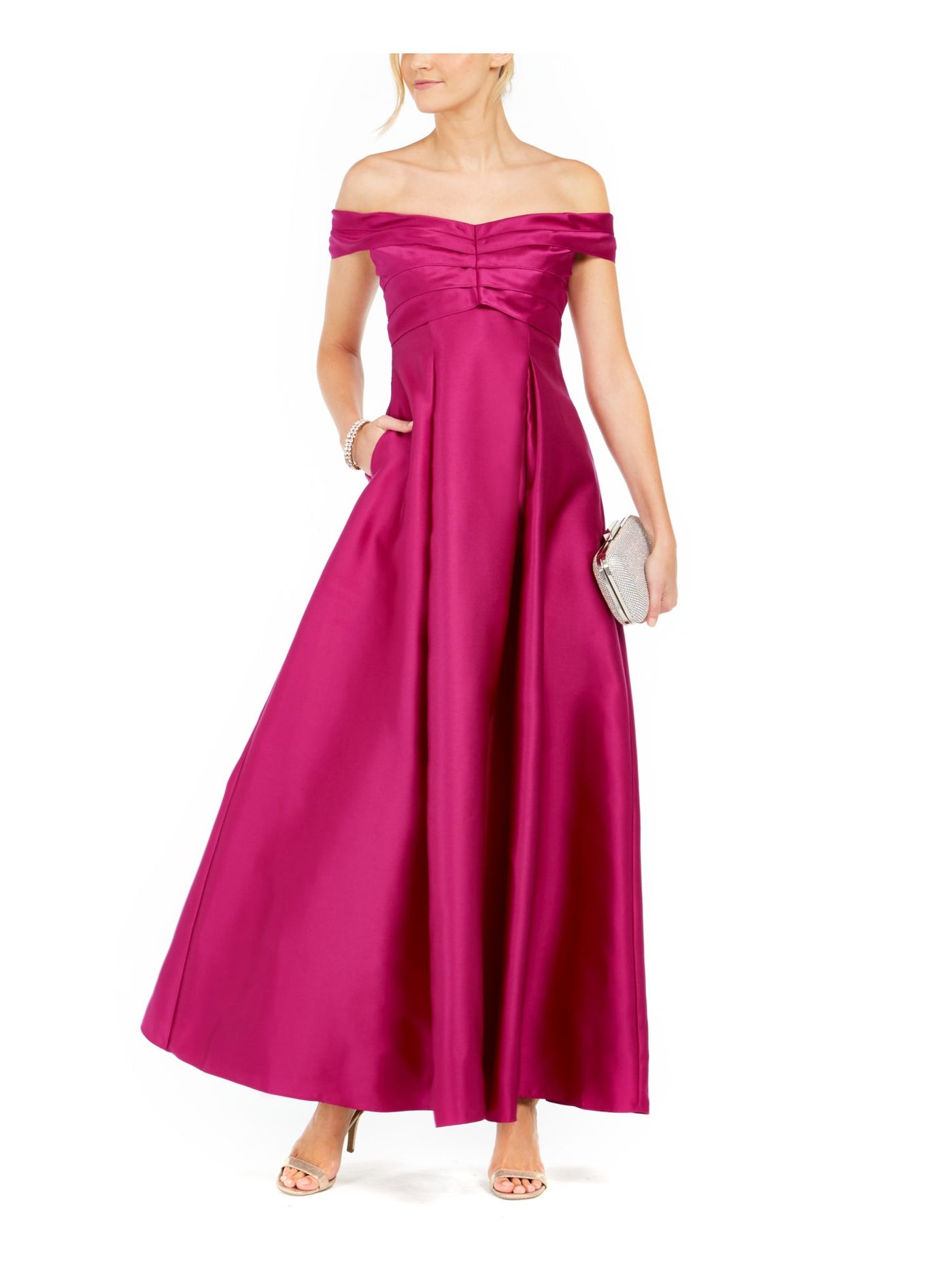 ADRIANNA PAPELL Womens Red Zippered Pocketed Satin Gown Short Sleeve Off Shoulder Maxi Formal Fit + Flare Dress 2
