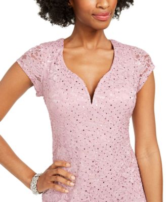 CONNECTED APPAREL Womens Light Purple Lace Sequined Lined V Notch Floral Cap Sleeve Sweetheart Neckline Knee Length Cocktail Sheath Dress 16