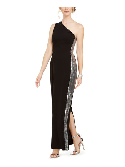 VINCE CAMUTO Womens Black Stretch Zippered Sequined Back Slit Lined Sleeveless Asymmetrical Neckline Full-Length Formal Gown Dress 4