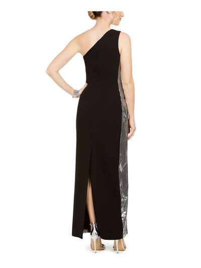 VINCE CAMUTO Womens Black Sequined Slitted One-shoulder Sleeveless Asymmetrical Neckline Maxi Evening Dress Petites 2P