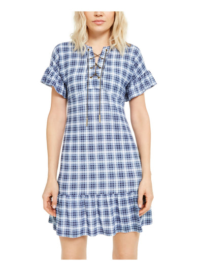 MICHAEL MICHAEL KORS Womens Blue Tie Chain Gradient Check Short Sleeve V Neck Short Fit + Flare Dress S