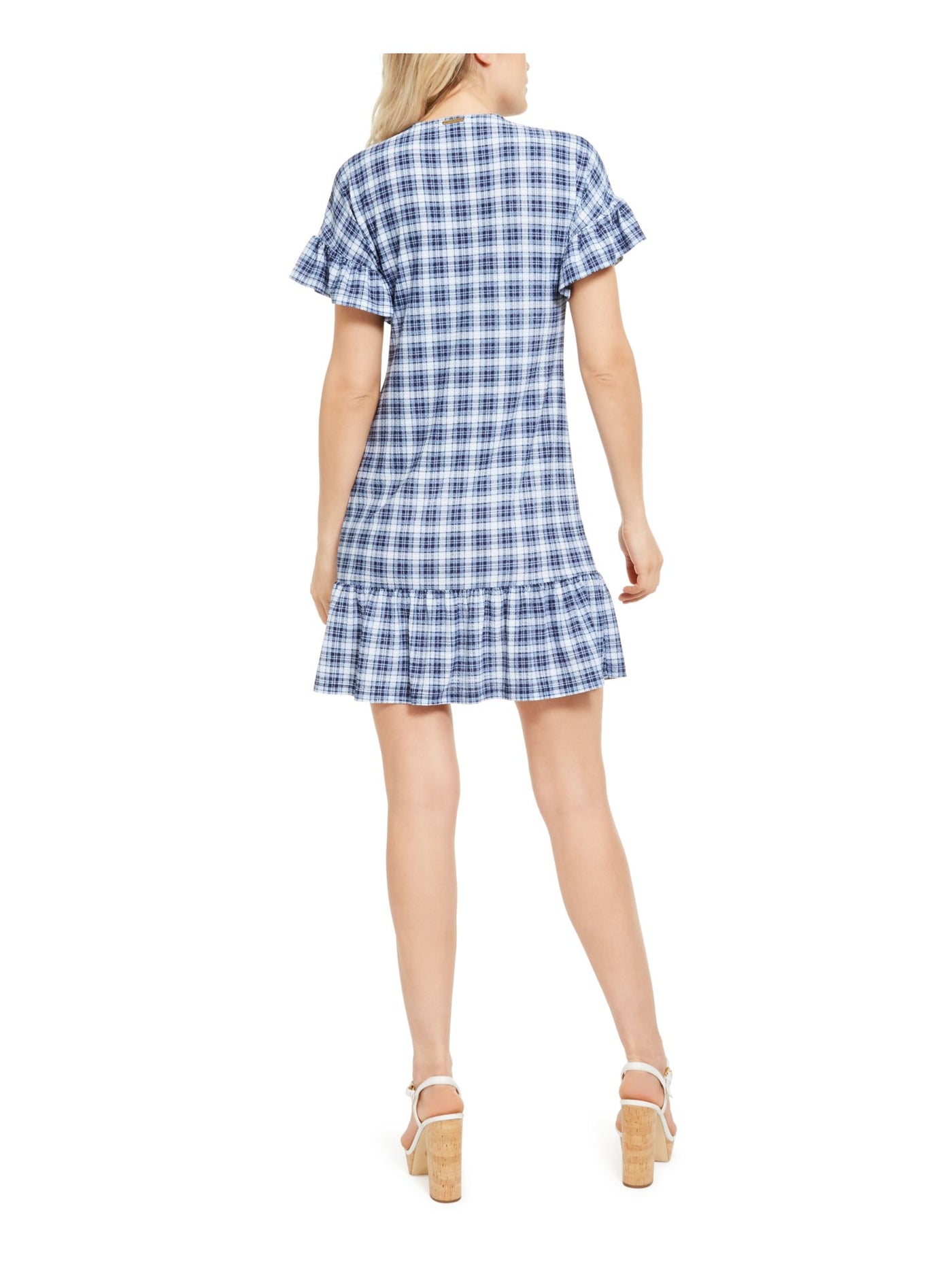MICHAEL MICHAEL KORS Womens Blue Tie Chain Gradient Check Short Sleeve V Neck Short Fit + Flare Dress S