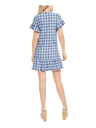 MICHAEL MICHAEL KORS Womens Blue Tie Chain Gradient Check Short Sleeve V Neck Short Fit + Flare Dress S