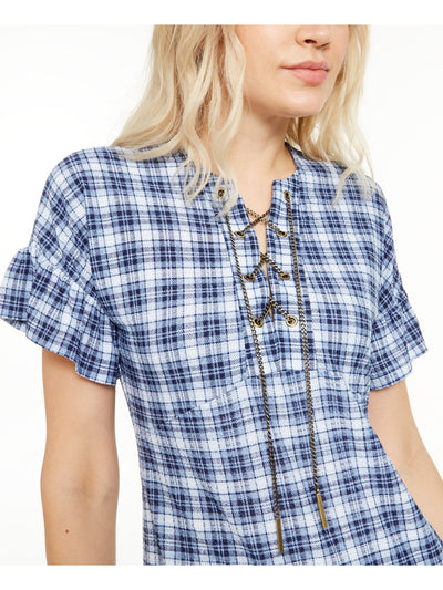 MICHAEL MICHAEL KORS Womens Blue Tie Chain Gradient Check Short Sleeve V Neck Short Fit + Flare Dress S