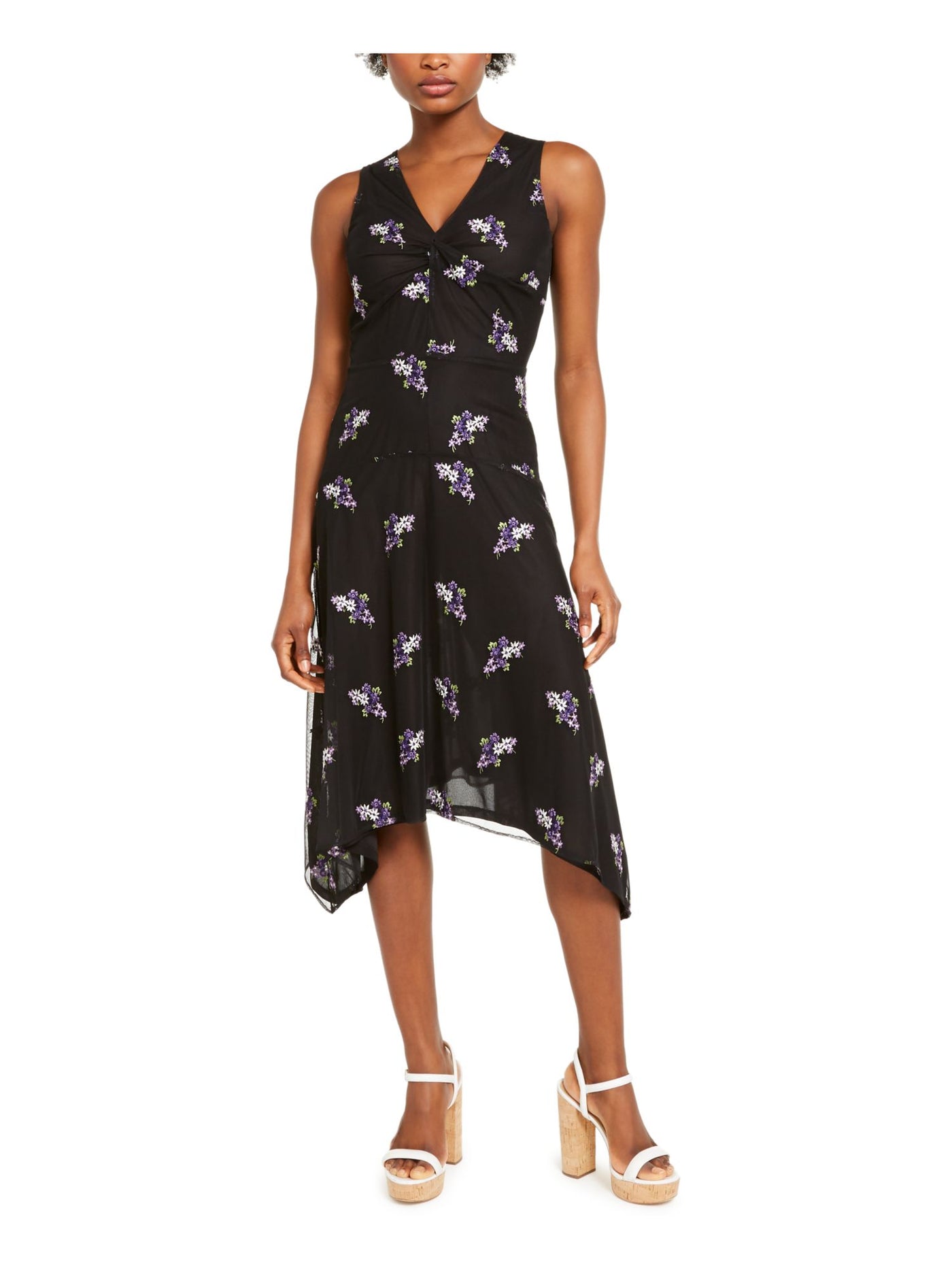 MICHAEL MICHAEL KORS Womens Black Sheer Floral Sleeveless V Neck Above The Knee Fit + Flare Dress L