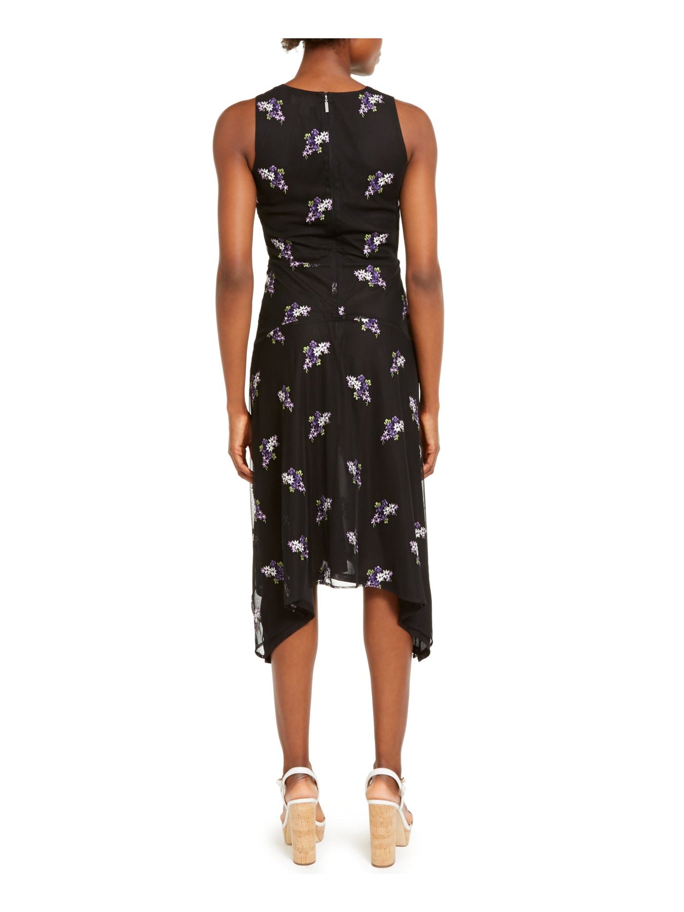 MICHAEL MICHAEL KORS Womens Black Sheer Floral Sleeveless V Neck Above The Knee Fit + Flare Dress L