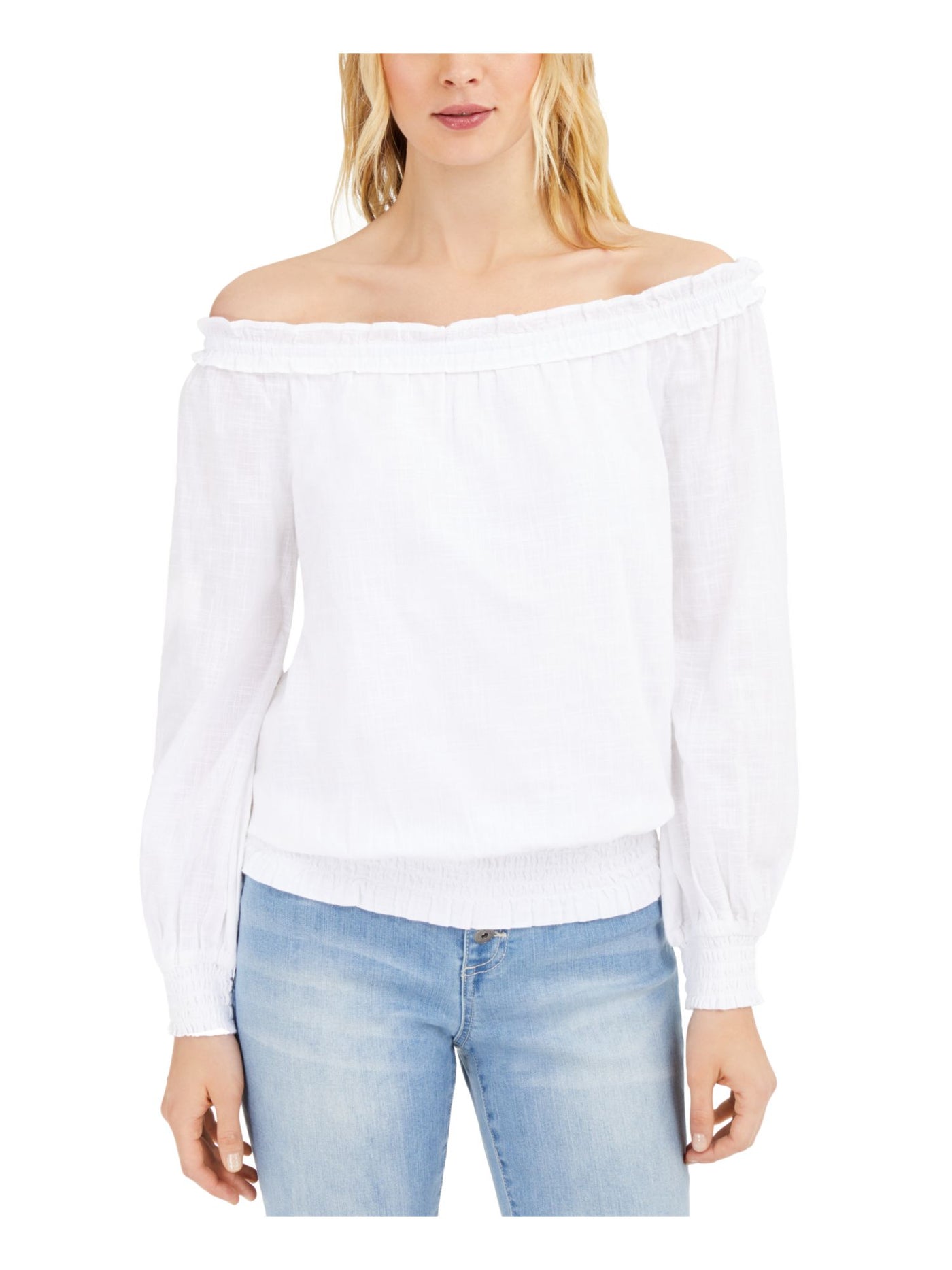 INC Womens White Ruffled Ruched Kneck,bottom Long Sleeve Off Shoulder Top XS