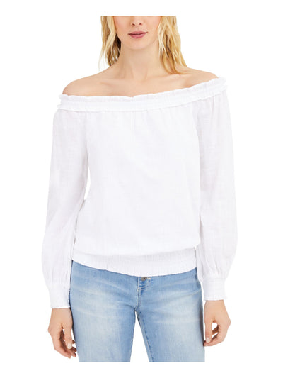 INC Womens Ruffled Ruched Kneck,bottom Long Sleeve Off Shoulder Top