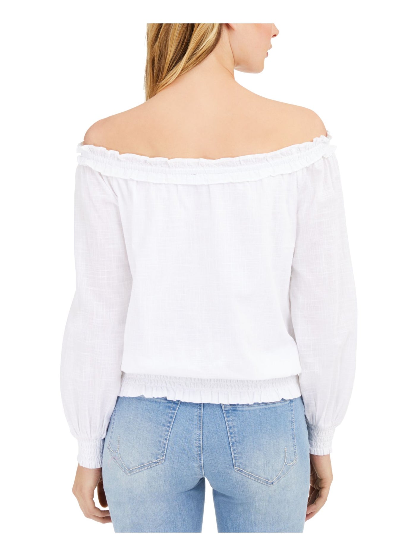 INC Womens White Ruffled Ruched Kneck,bottom Long Sleeve Off Shoulder Top XS