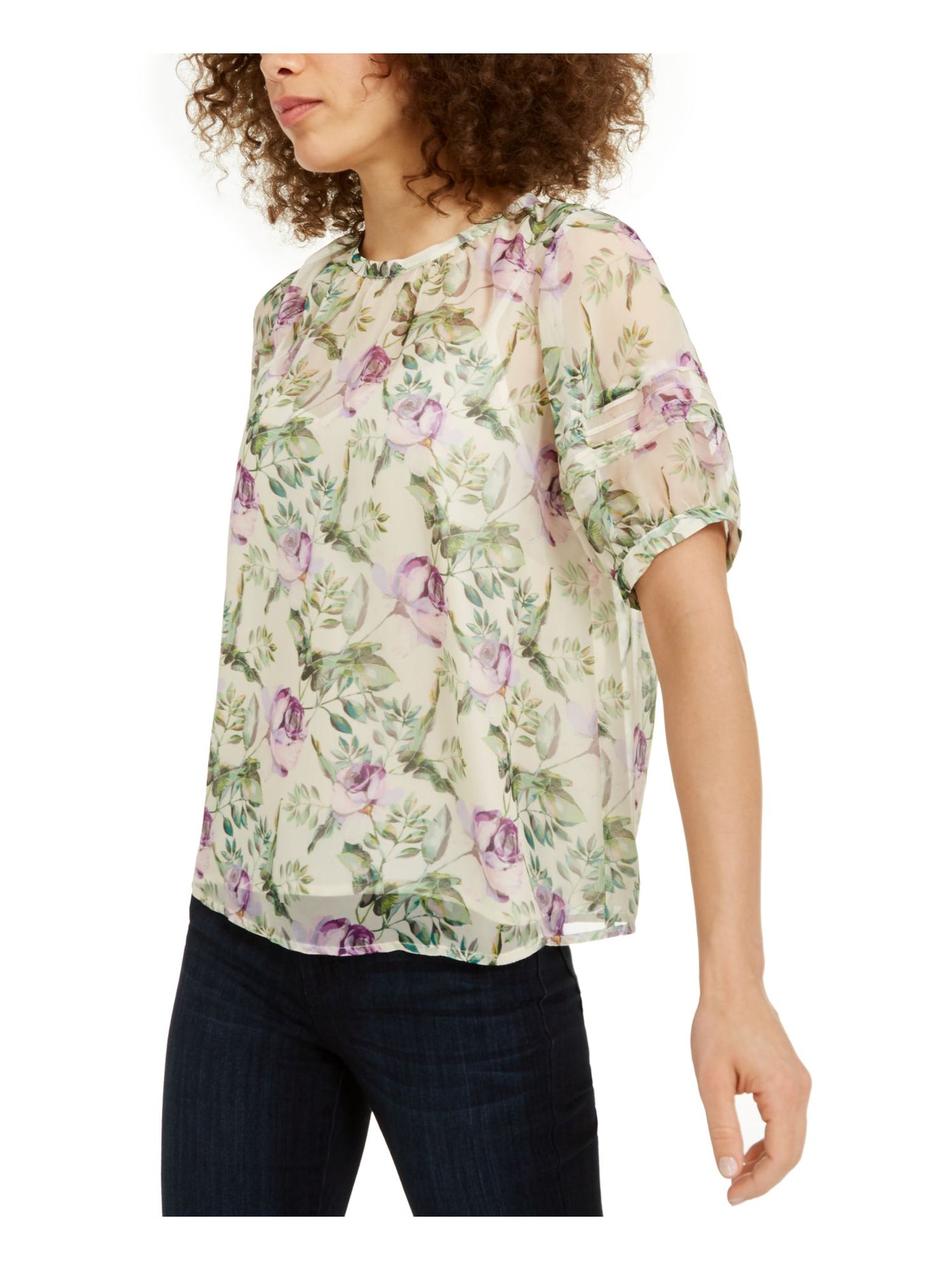 INC Womens Ivory Floral Short Sleeve Jewel Neck Top L