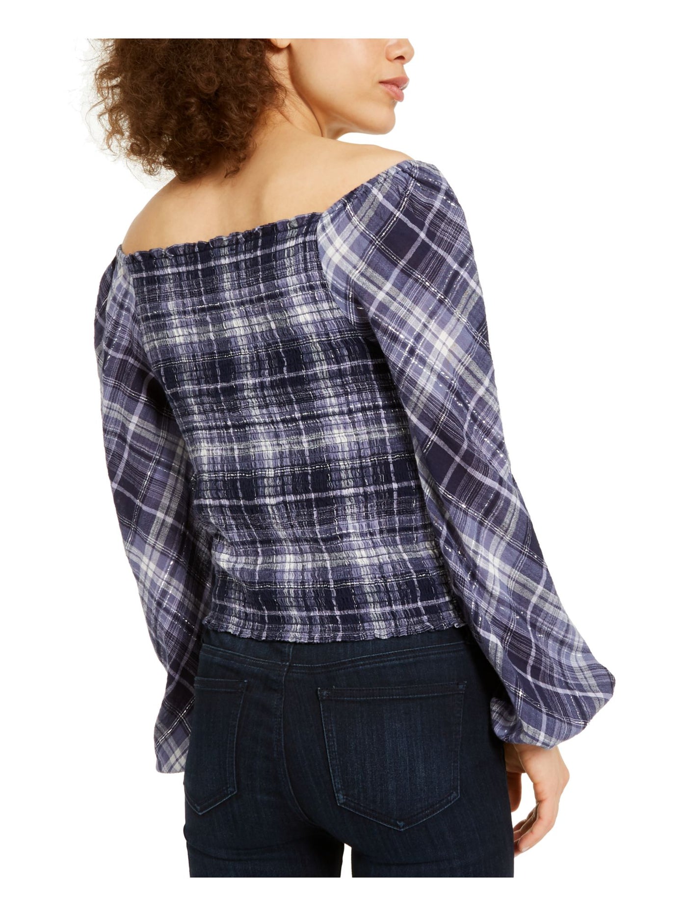 INC Womens Blue Shimmering Plaid Long Sleeve Square Neck Peasant Top XS