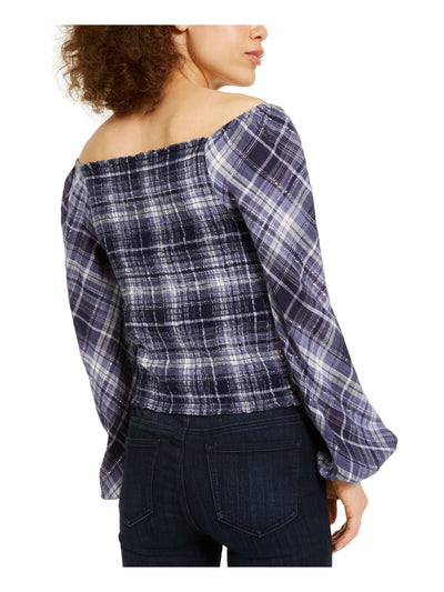 INC Womens Navy Shimmering Plaid Long Sleeve Square Neck Peasant Top XL