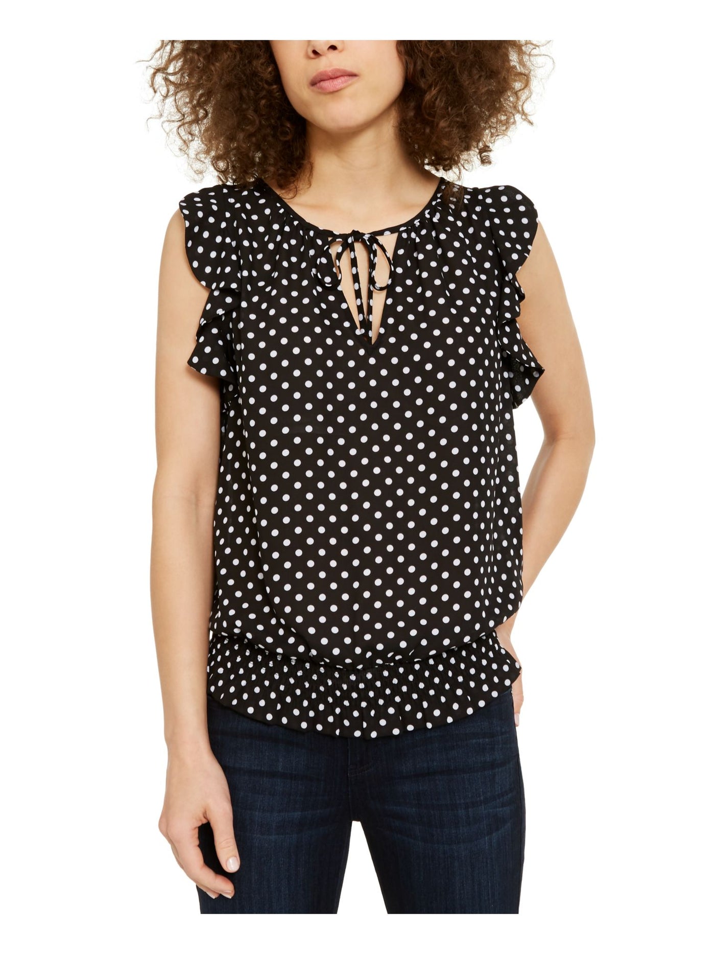 INC Womens Black Ruffled Smocked Polka Dot Sleeveless V Neck Blouse XS