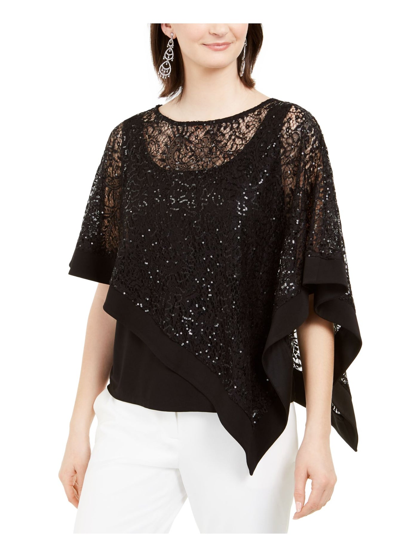 R&M RICHARDS Womens Black Lace Sequined Asymmetrical Overlay Sleeveless Scoop Neck Evening Top L