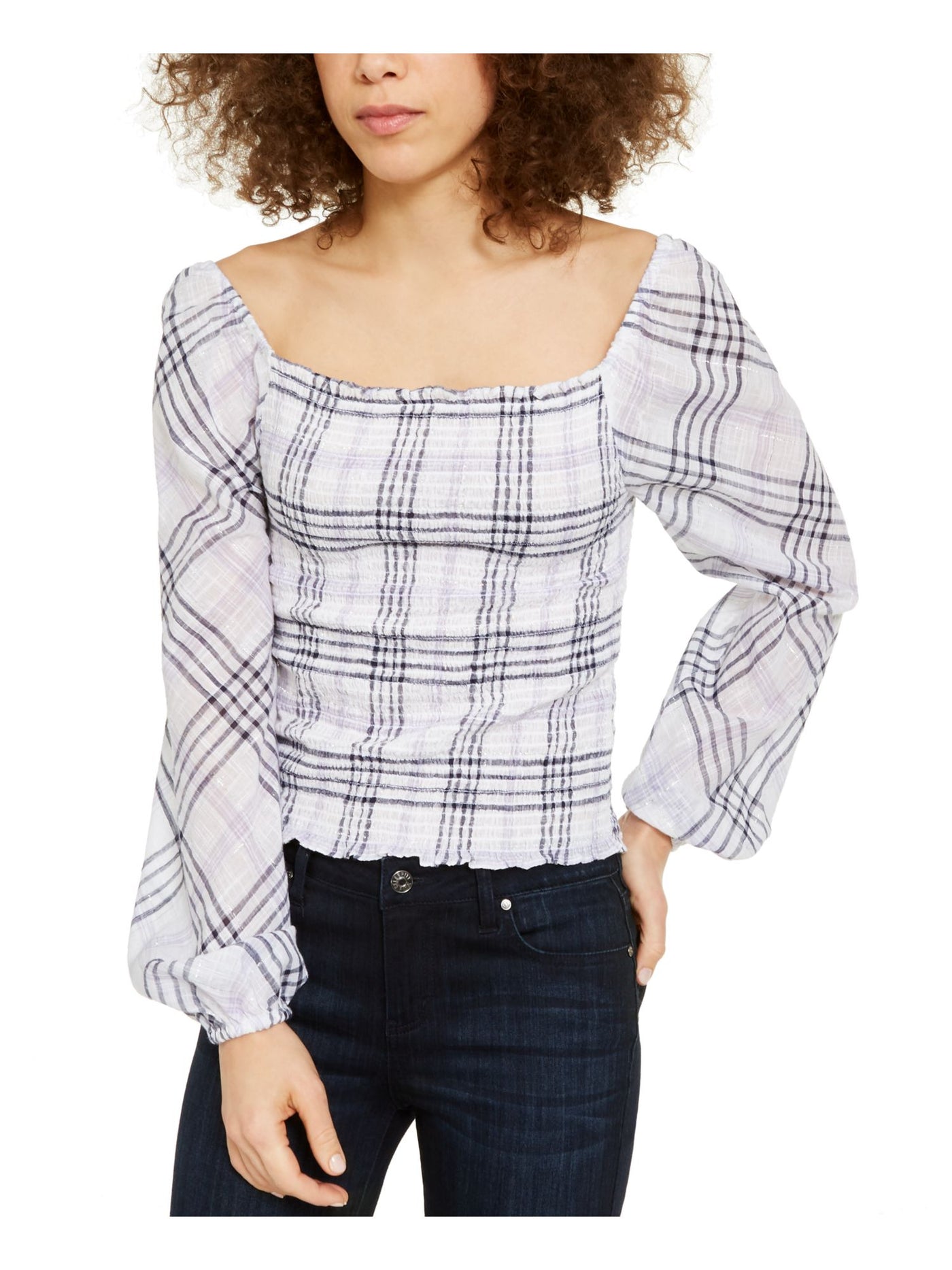 INC Womens White Ruched Plaid Long Sleeve Square Neck Top XS