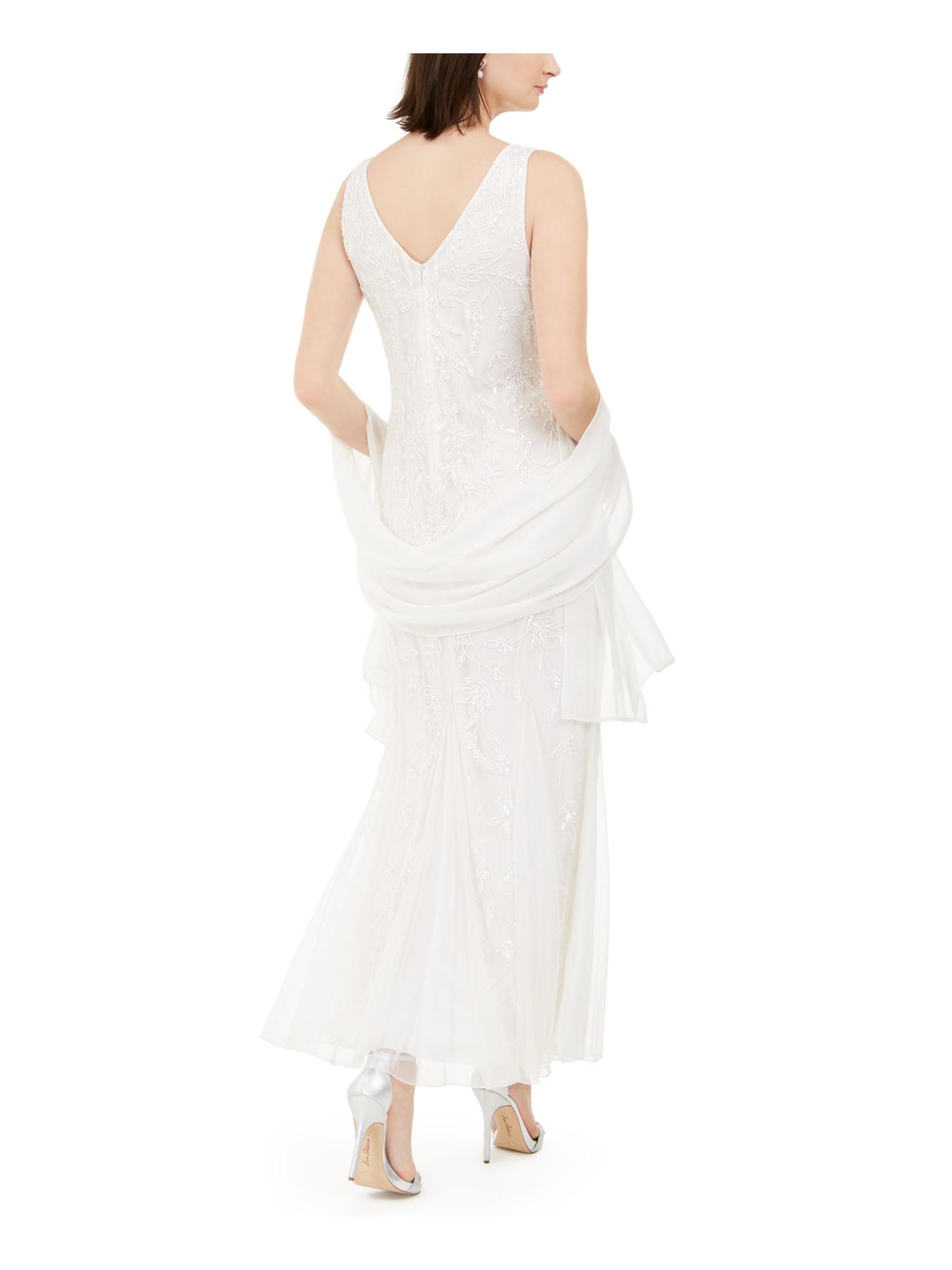 JKARA Womens Beaded Embellished Zippered Scarf Lined Sleeveless V Neck Tea-Length Formal Gown Dress
