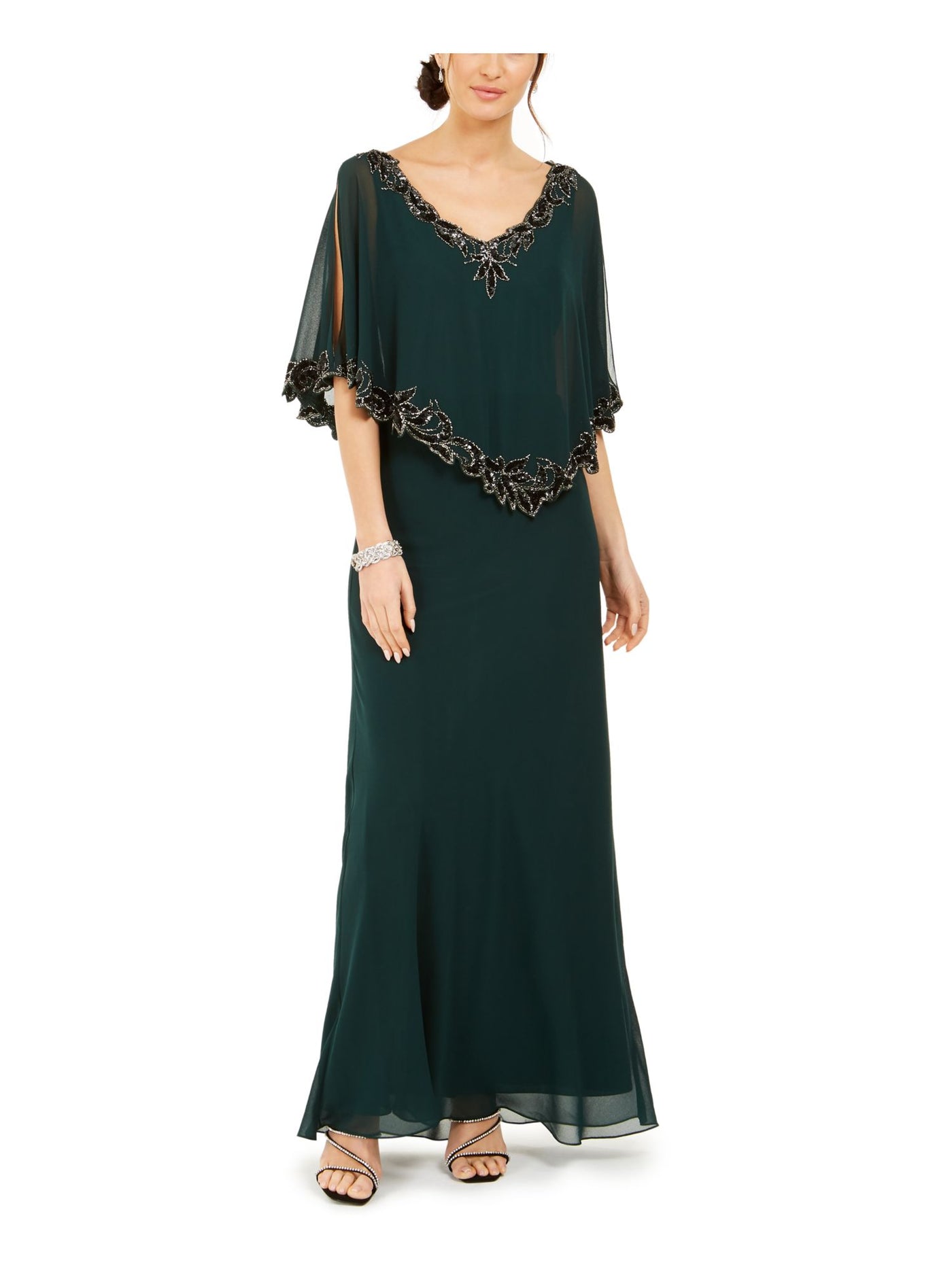 JKARA Womens Embellished Popover Cape Sleeveless V Neck Full-Length Formal Fit + Flare Dress