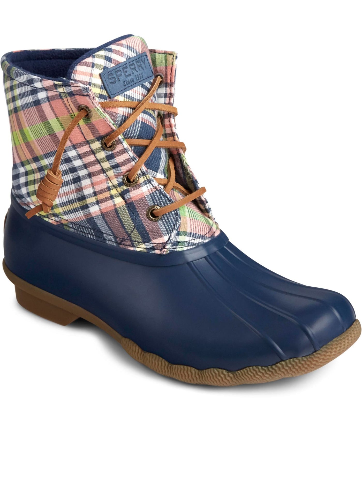SPERRY Womens Blue Plaid Lace Non-Marking Water Resistant Saltwater Round Toe Block Heel Zip-Up Duck Boots 8.5 M
