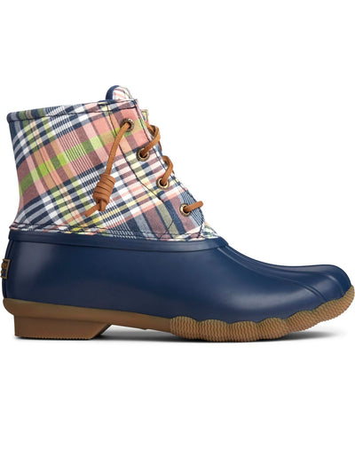 SPERRY Womens Blue Plaid Lace Non-Marking Water Resistant Saltwater Round Toe Block Heel Zip-Up Duck Boots 9.5